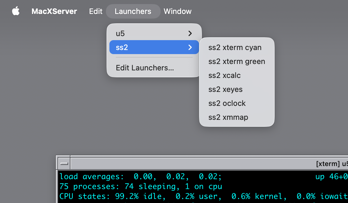 The macXserver status menu showing the Launchers submenu pulled down, with one X app per row grouped by host.